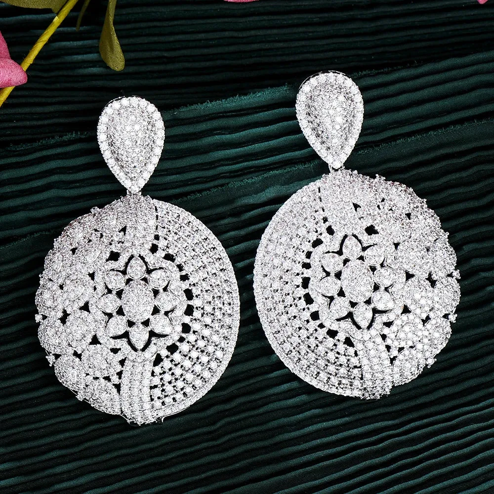 Round Disk Pendant Earrings Cubic Zirconia Pave Party Wedding Jewelry