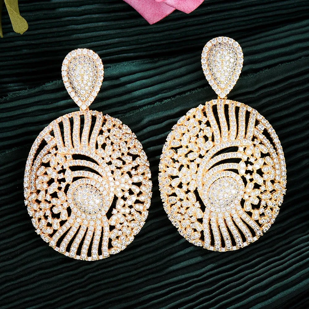 Round Disk Pendant Earrings Cubic Zirconia Pave Party Wedding Jewelry