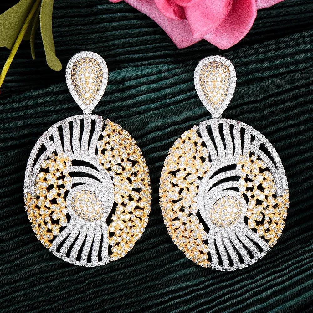 Round Disk Pendant Earrings Cubic Zirconia Pave Party Wedding Jewelry