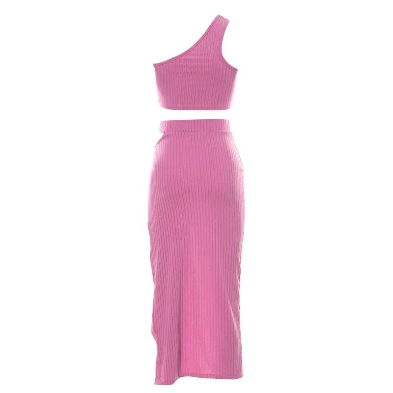 Sexy Ribbed One Shoulder Top High Waist Split Midi Skirt Matching Set - Pink