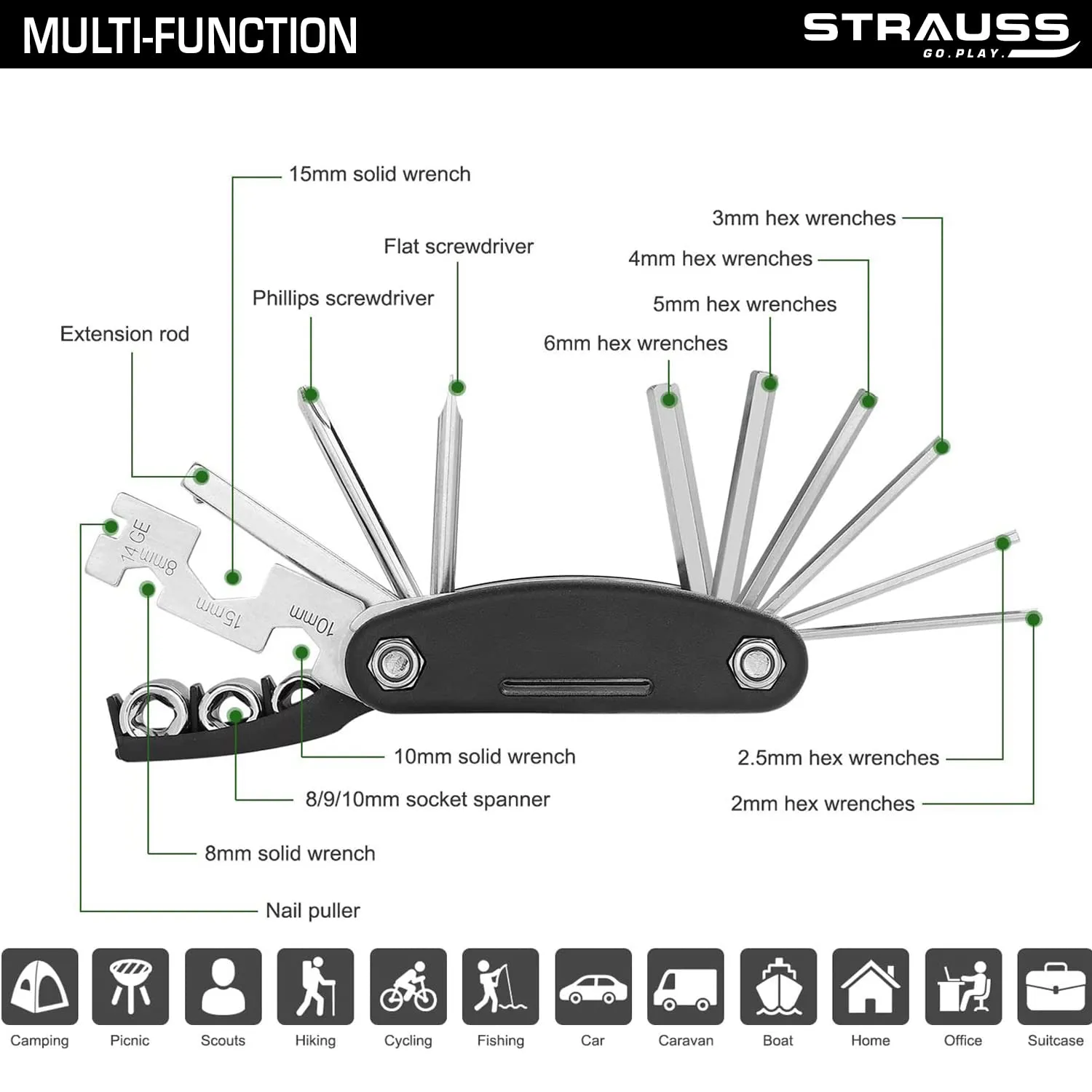 Strauss Bicycle Repair Tool Kit | 16-in-1 Multi-Purpose Set with Screwdrivers, Wrenches, Spanners, Nail Puller & Extension Rod | Portable & Compact Cycling Maintenance Equipment for Bike