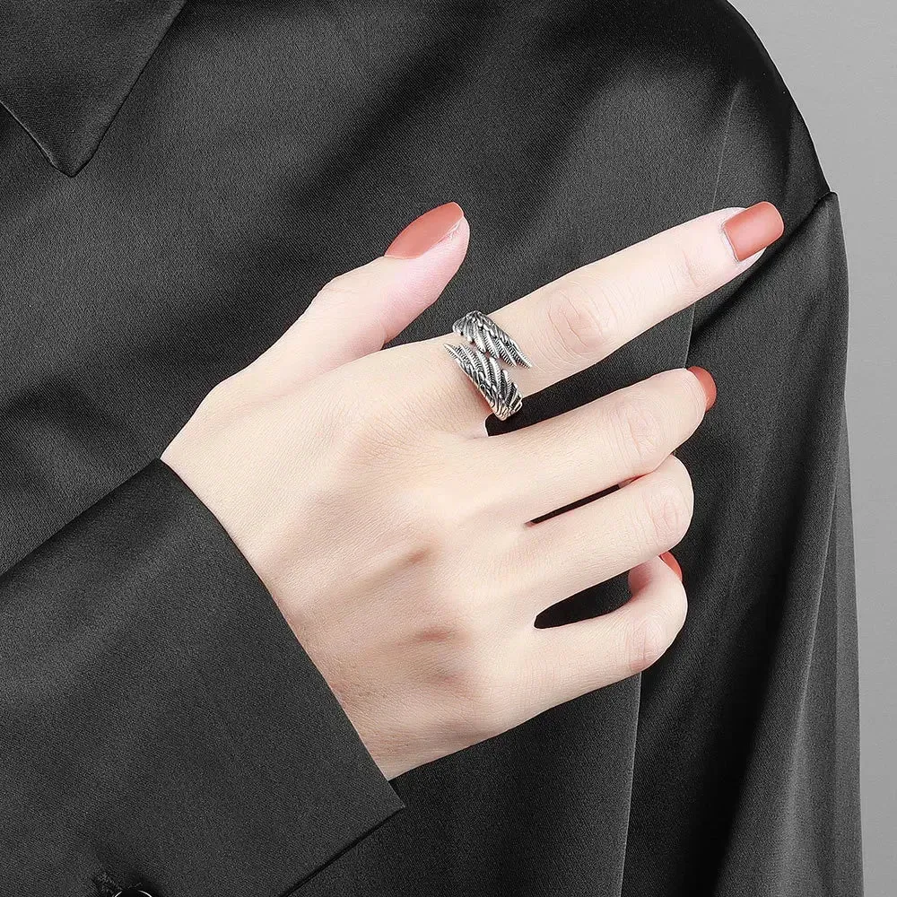 Trendy Angel Wings Women Girls Men Rings Retro Open Adjustable Black Engagement Wedding Ring Gothic Punk Party Jewelry