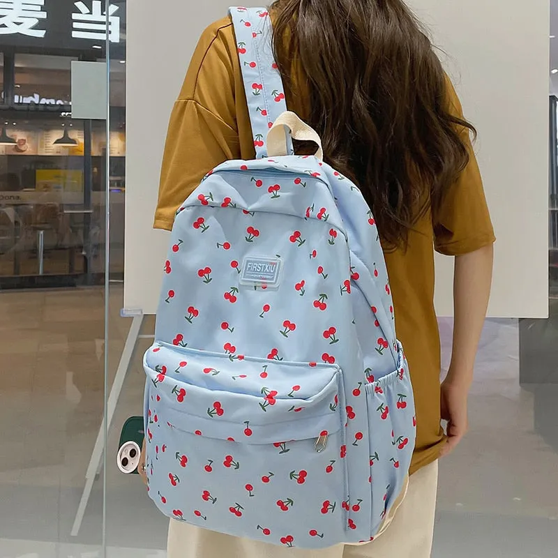 Wenkouban New Girl Cherry Floral Travel Book Backpack Women Trendy Print School Bag Female Laptop College Backpack Fashion Lady Kawaii Bag