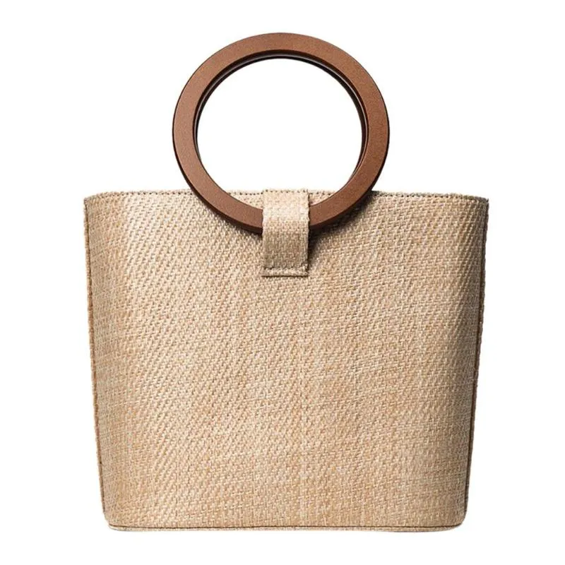 Wooden Circle Handle Knitted Straw Bamboo Bag