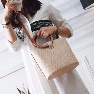 Wooden Circle Handle Knitted Straw Bamboo Bag