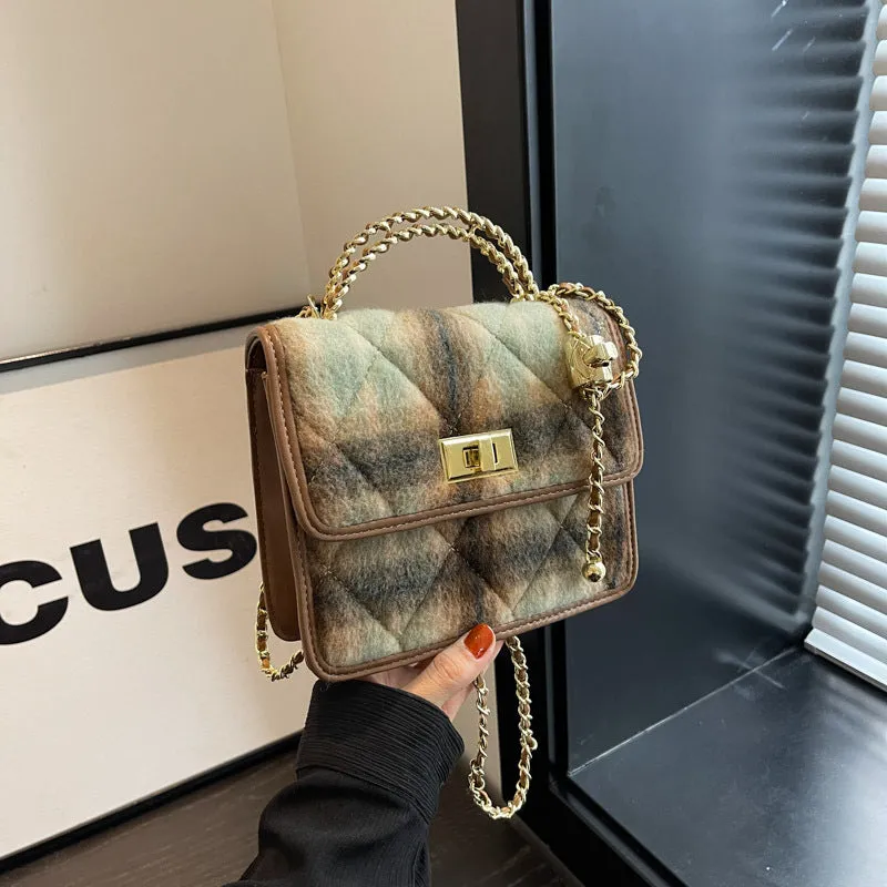 Woolen Autumn and Winter Contrast Color Small Square Bag Transfer Pearl Diamond Chain Crossbody Bag Fashion New Handheld Small Bag