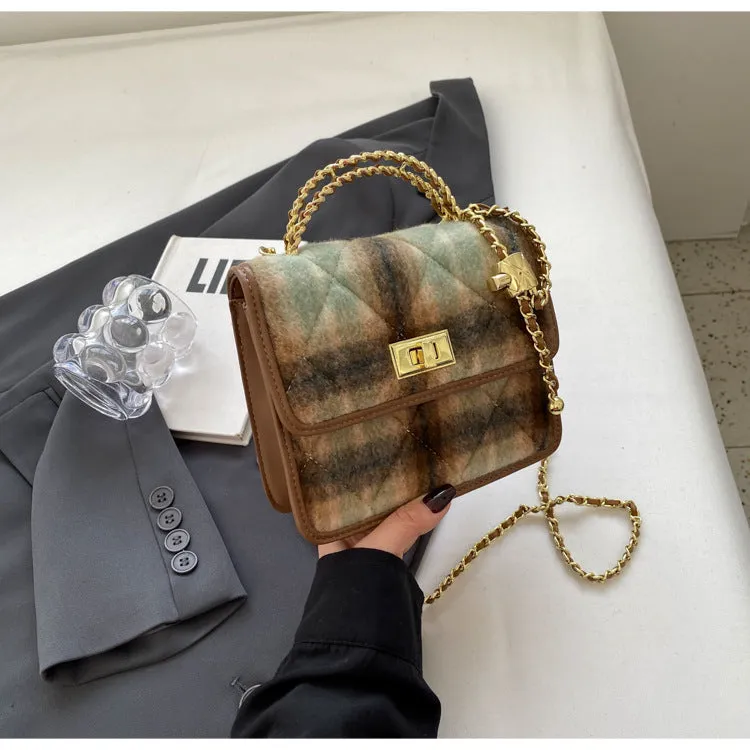 Woolen Autumn and Winter Contrast Color Small Square Bag Transfer Pearl Diamond Chain Crossbody Bag Fashion New Handheld Small Bag